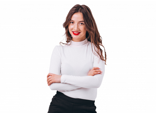 red hair women smiling and posing wearing white tshirt